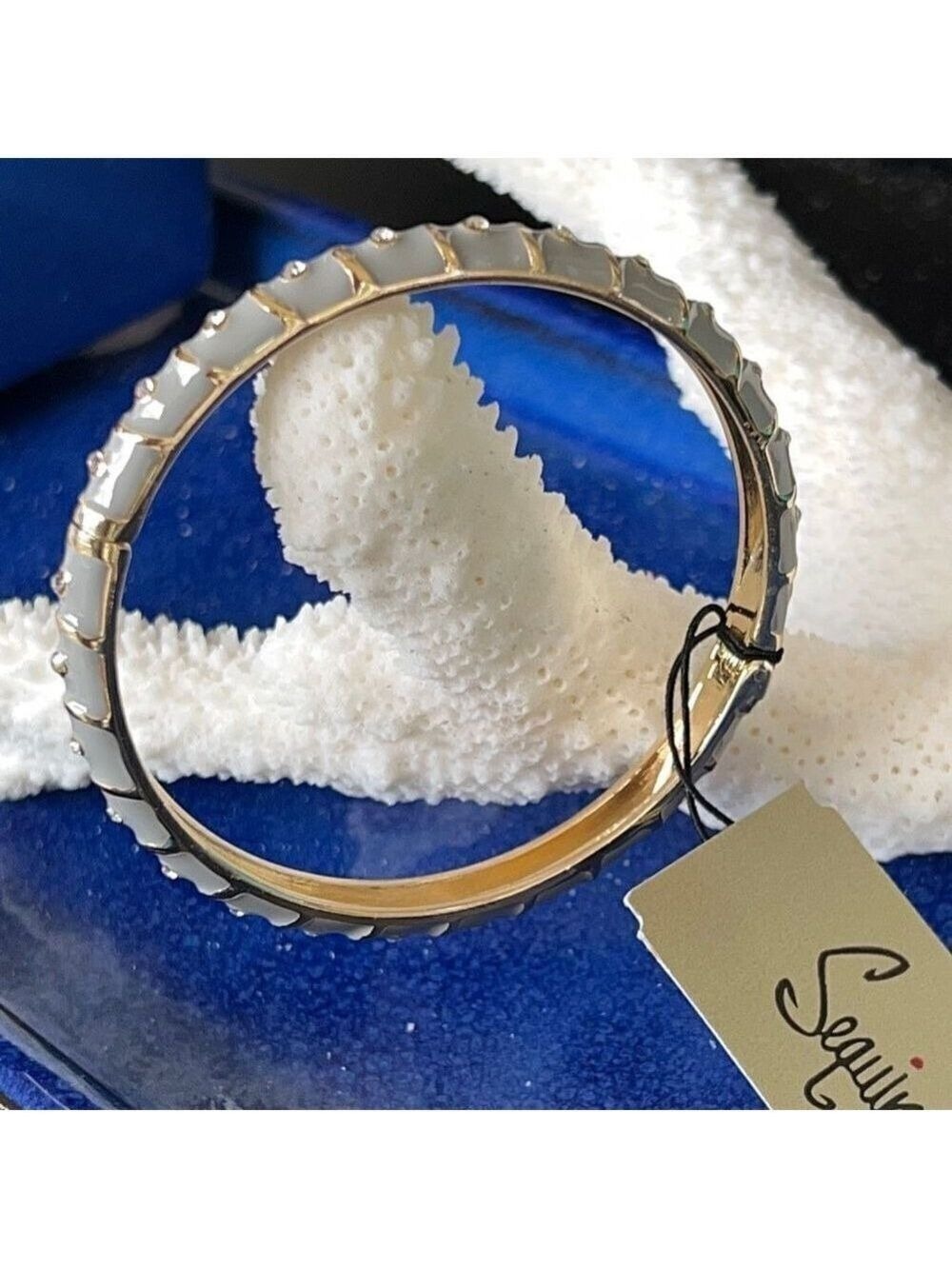 White Enamel Geometric Pattern Accented with Clear Crystals in Gold Hinged NWT